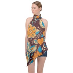 Butterfly And Flowers Halter Asymmetric Satin Top by goljakoff