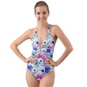 Purple flowers Halter Cut-Out One Piece Swimsuit View1