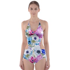 Purple Flowers Cut-out One Piece Swimsuit by goljakoff