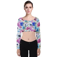 Purple Flowers Velvet Long Sleeve Crop Top by goljakoff