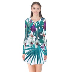 Tropical Flowers Long Sleeve V-neck Flare Dress by goljakoff