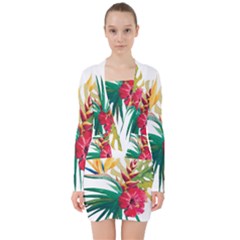 Tropical Flowers V-neck Bodycon Long Sleeve Dress by goljakoff