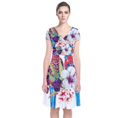 Tropical Parrots Short Sleeve Front Wrap Dress