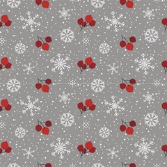 Red Berries And Snowflakes On A Gray Background  by FloraaplusDesign