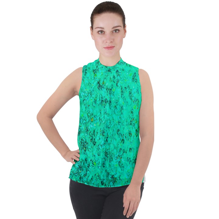 Aqua Marine Glittery Sequins Mock Neck Chiffon Sleeveless Top