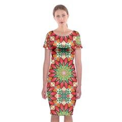 Red Green Floral Pattern Classic Short Sleeve Midi Dress by designsbymallika