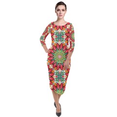 Red Green Floral Pattern Quarter Sleeve Midi Velour Bodycon Dress