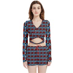 Red And Blue Velvet Wrap Crop Top And Shorts Set by Sparkle