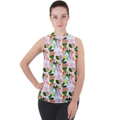 Painted Flowers Mock Neck Chiffon Sleeveless Top by Sparkle
