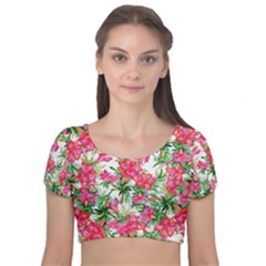 Pink Flowers Velvet Short Sleeve Crop Top  by goljakoff