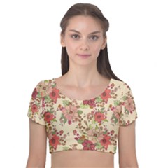 Vintage Garden Flowers Velvet Short Sleeve Crop Top  by goljakoff