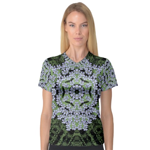 Calm In The Flower Forest Of Tranquility Ornate Mandala V-neck Sport Mesh Tee by pepitasart