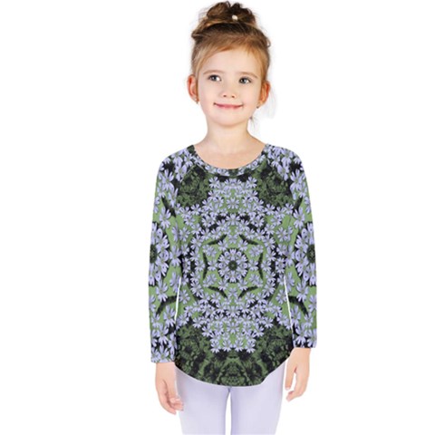 Calm In The Flower Forest Of Tranquility Ornate Mandala Kids  Long Sleeve Tee by pepitasart