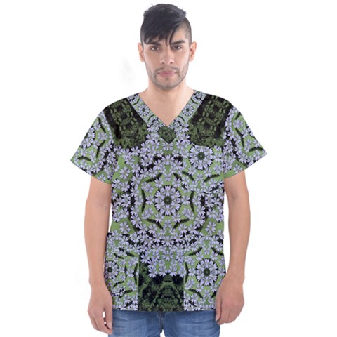 Calm In The Flower Forest Of Tranquility Ornate Mandala Men s V-neck Scrub Top by pepitasart