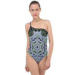 Calm In The Flower Forest Of Tranquility Ornate Mandala Classic One Shoulder Swimsuit by pepitasart