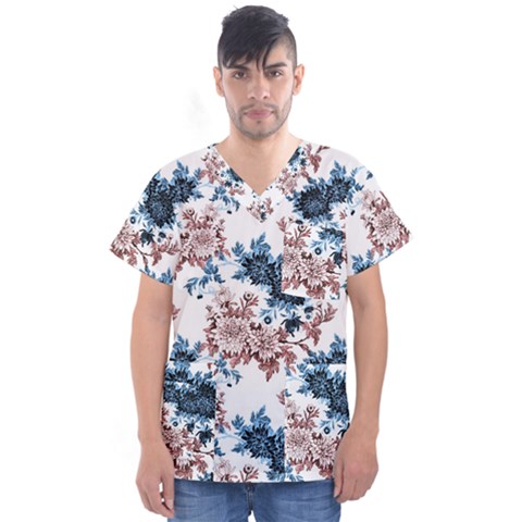 Blue And Rose Flowers Men s V-neck Scrub Top by goljakoff