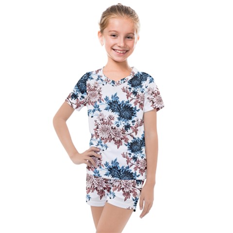 Blue And Rose Flowers Kids  Mesh Tee And Shorts Set by goljakoff