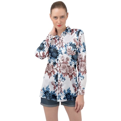 Blue And Rose Flowers Long Sleeve Satin Shirt by goljakoff