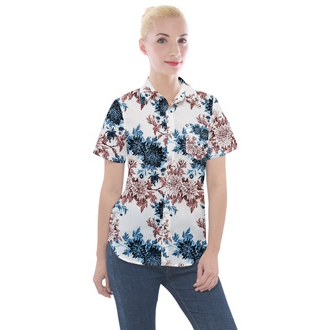Blue And Rose Flowers Women s Short Sleeve Pocket Shirt by goljakoff