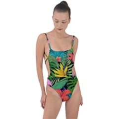 Tropical Greens Leaves Tie Strap One Piece Swimsuit