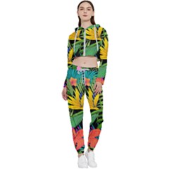 Tropical Greens Leaves Cropped Zip Up Lounge Set