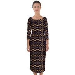Luxury Golden Oriental Ornate Pattern Quarter Sleeve Midi Bodycon Dress