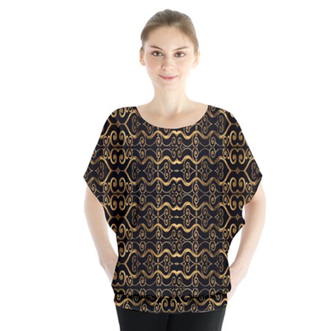 Luxury Golden Oriental Ornate Pattern Batwing Chiffon Blouse by dflcprintsclothing