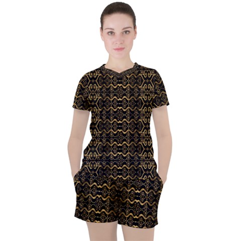 Luxury Golden Oriental Ornate Pattern Women s Tee And Shorts Set by dflcprintsclothing