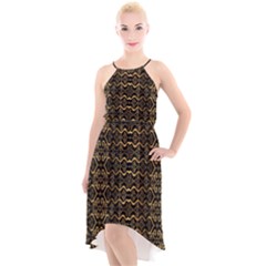 Luxury Golden Oriental Ornate Pattern High-Low Halter Chiffon Dress 