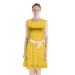 Dandelion Yellow & White - Sleeveless Waist Tie Chiffon Dress by FashionLane
