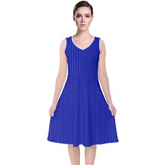 Admiral Blue & White - V-Neck Midi Sleeveless Dress 