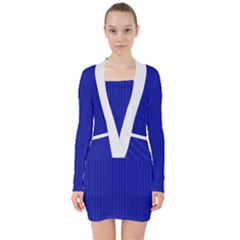 Admiral Blue & White - V-neck Bodycon Long Sleeve Dress