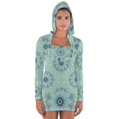 Mint Floral Pattern Long Sleeve Hooded T-shirt