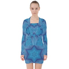 Blue Star V-neck Bodycon Long Sleeve Dress by Dazzleway