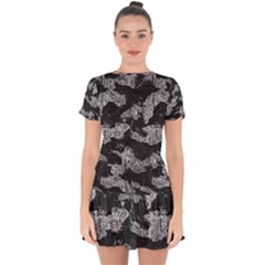 Black And White Cracked Abstract Texture Print Drop Hem Mini Chiffon Dress by dflcprintsclothing