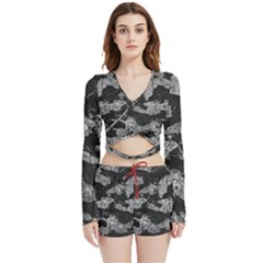 Black And White Cracked Abstract Texture Print Velvet Wrap Crop Top And Shorts Set by dflcprintsclothing