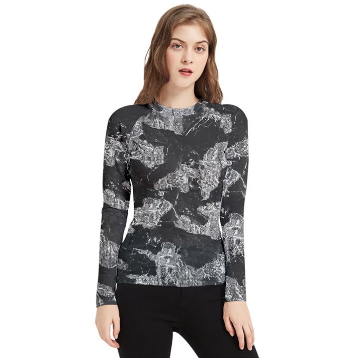 Black And White Cracked Abstract Texture Print Women s Long Sleeve Rash Guard