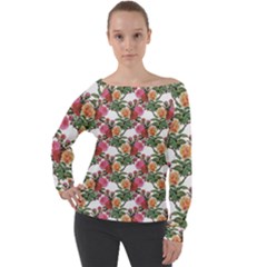 Flowers Pattern Off Shoulder Long Sleeve Velour Top by goljakoff