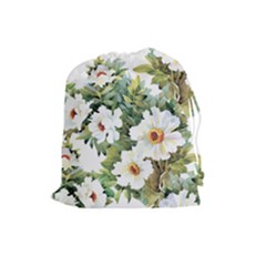 White Flowers Drawstring Pouch (large) by goljakoff