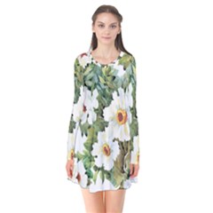 White Flowers Long Sleeve V-neck Flare Dress by goljakoff