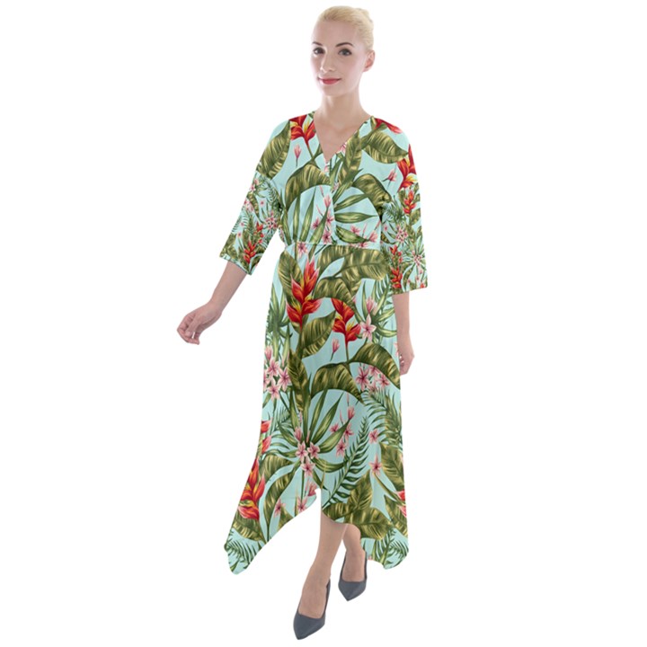 Tropical flowers Quarter Sleeve Wrap Front Maxi Dress