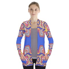 Yellow Red Shapes On A Blue Background                                                         Women s Open Front Pockets Cardigan