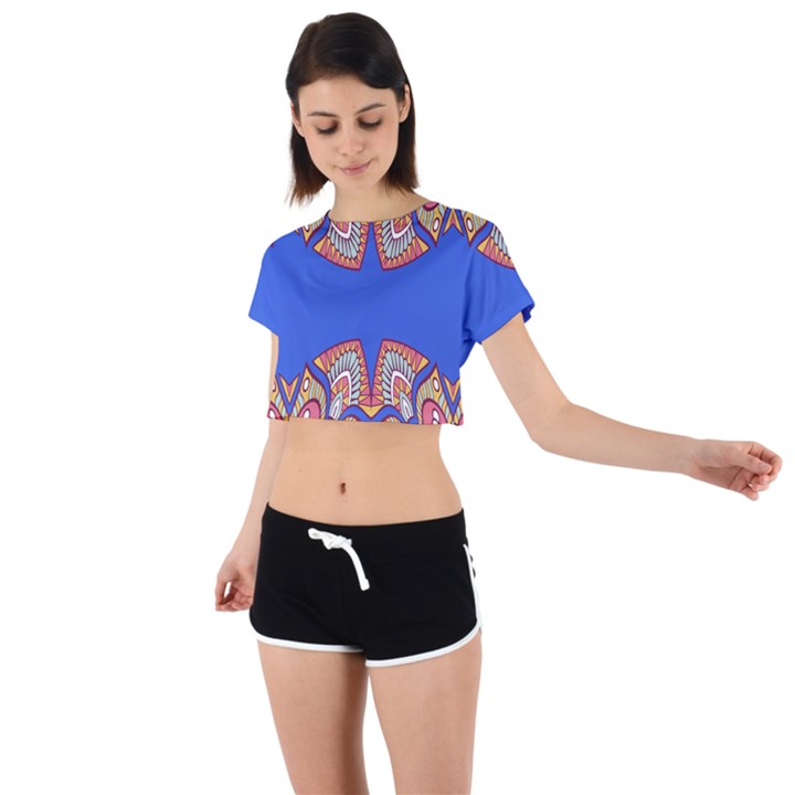 Yellow red shapes on a blue background                                                          Tie Back Short Sleeve Crop Tee