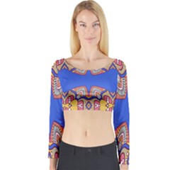 Yellow Red Shapes On A Blue Background                                                          Long Sleeve Crop Top by LalyLauraFLM