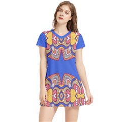 Yellow Red Shapes On A Blue Background                                                        Short Sleeve V-neck Dress by LalyLauraFLM