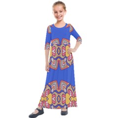 Yellow Red Shapes On A Blue Background                                                         Kids  Quarter Sleeve Maxi Dress by LalyLauraFLM