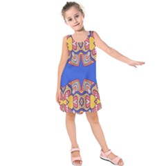 Yellow Red Shapes On A Blue Background                                                         Kid s Sleeveless Dress