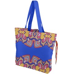 Yellow Red Shapes On A Blue Background                                                        Drawstring Tote Bag by LalyLauraFLM