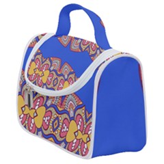 Yellow Red Shapes On A Blue Background                                                       Satchel Handbag by LalyLauraFLM