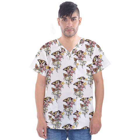 Butterflies On Peonies - By Larenard Men s V-neck Scrub Top by LaRenard